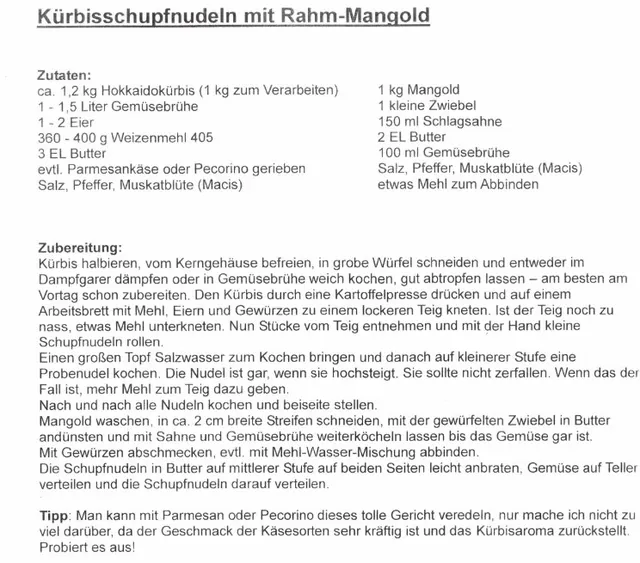 Kürbisschupfnudeln mit Rahm-Mangold &ndash; Rezept des Monats November 2023